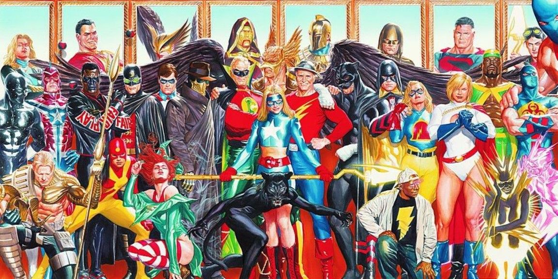The entire Justice Society of America from DC Comics gathers around.