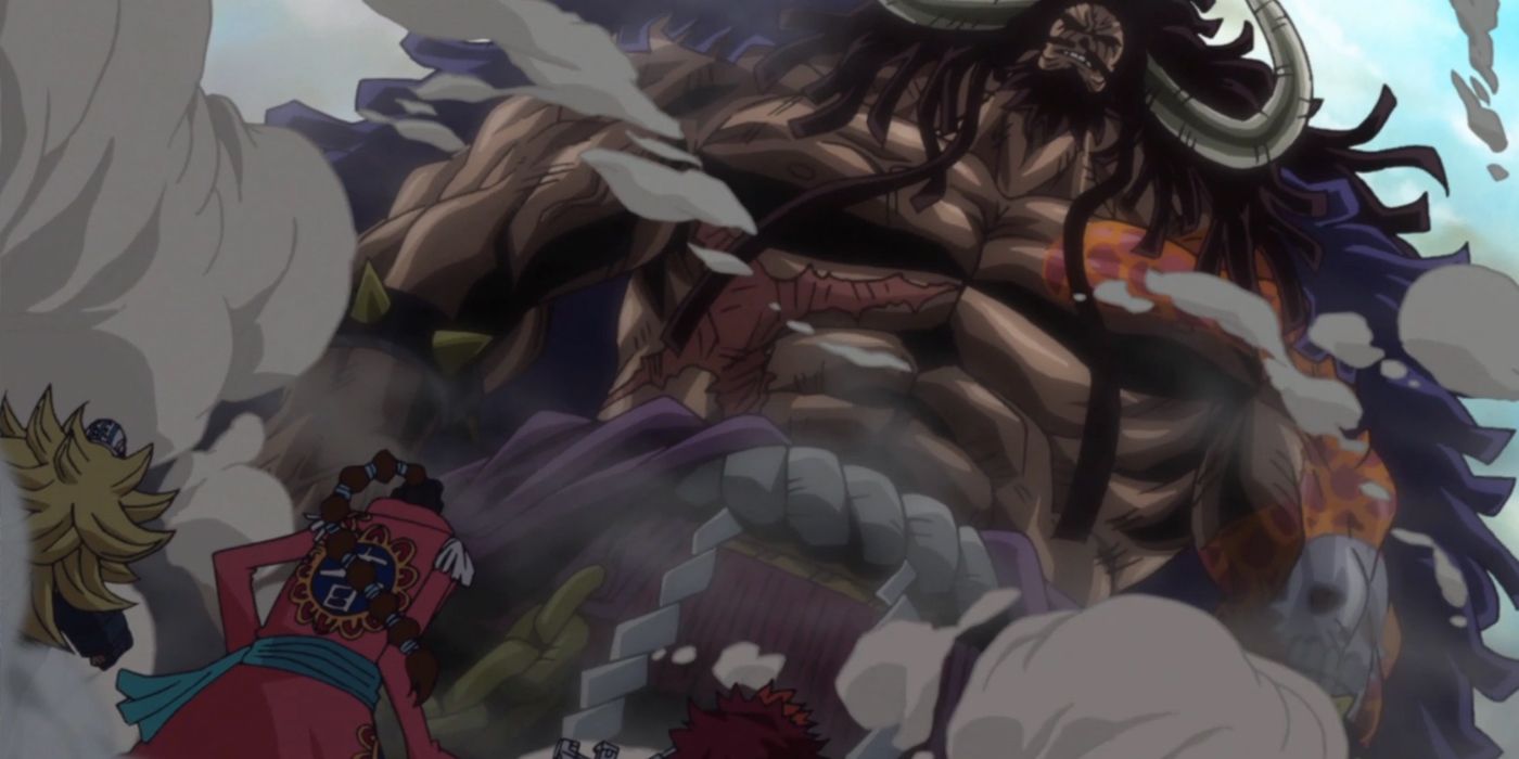Kaido standing off against Killer, Eustass Kid, and Scratchmen Apoo in One Piece.