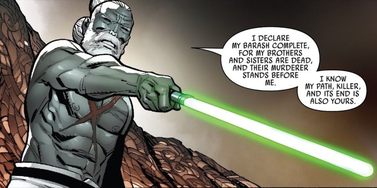 Kirak Infil'a raises his green lightsaber as he threatens Darth Vader