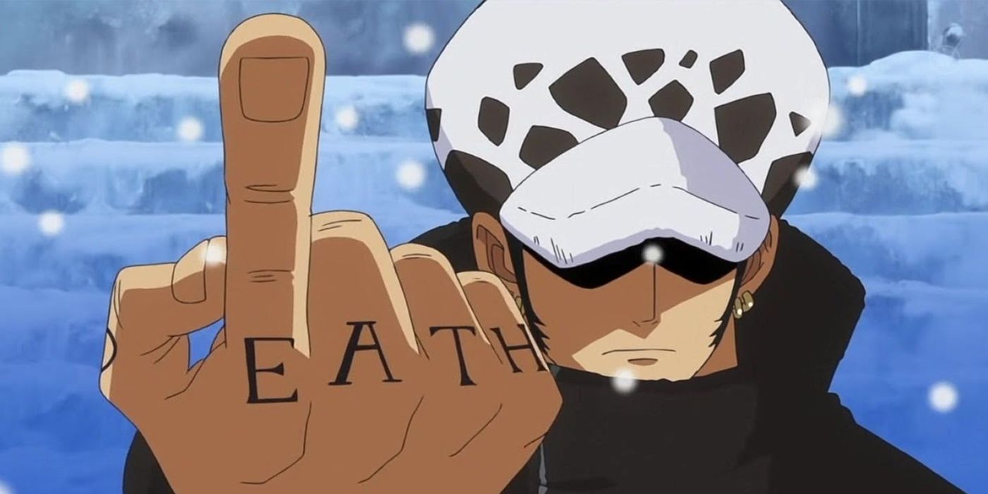 Trafalgar Law from One Piece holding up a finger with letters on knuckles.