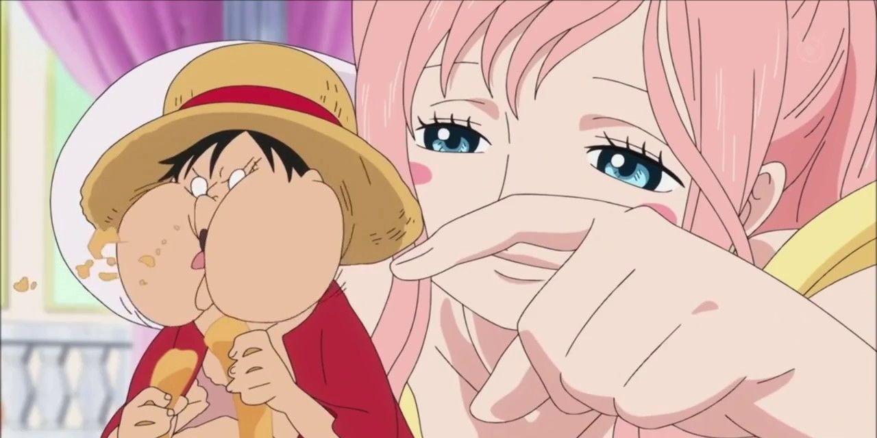 Shirahoshi pokes Luffy in One Piece.