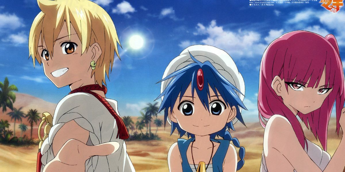 Alibaba holding out his hand while Aladdin and Morgiana stand next to him (Magi)