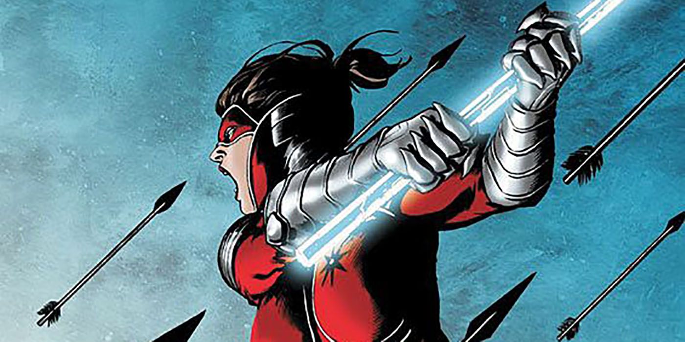 An image of Kate Spencer as Manhunter fighting enemies amidst a barrage of arrows