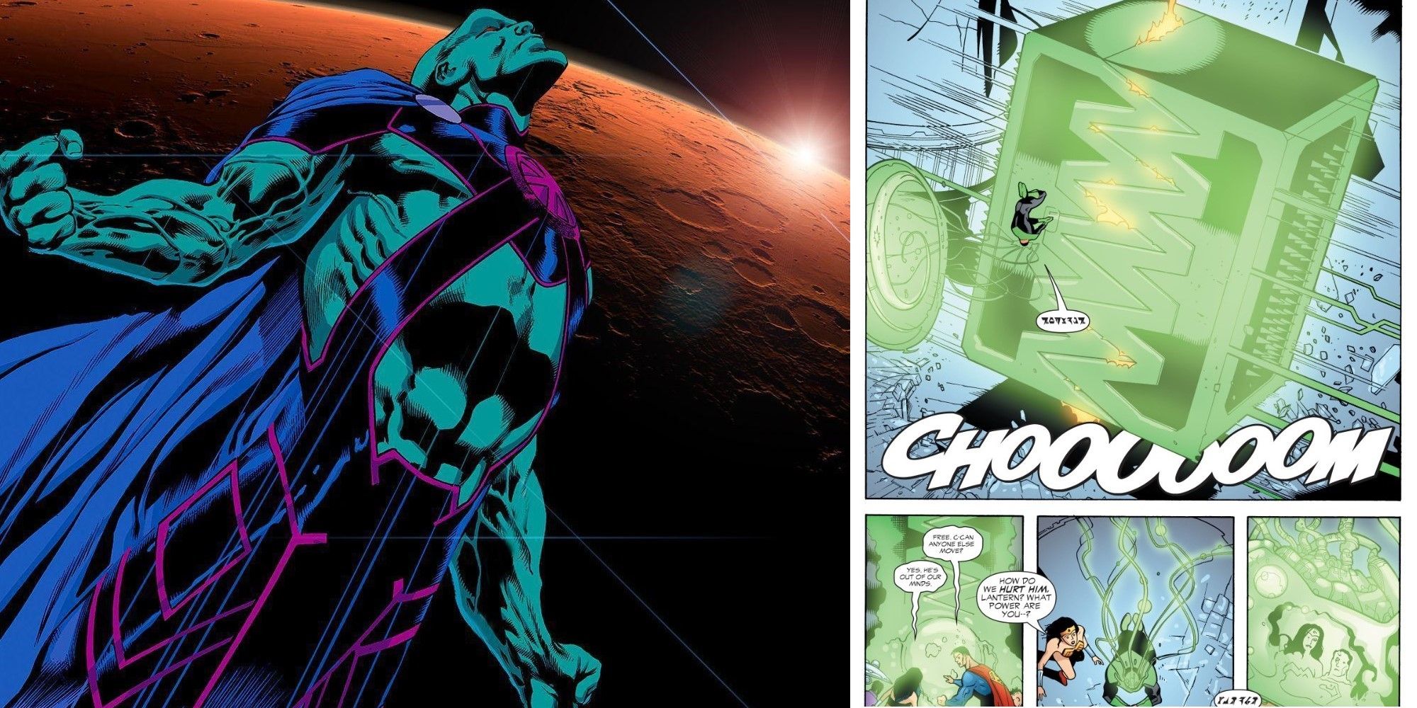 Green Lantern creates a cage that Martian Manhunter cannot escape from
