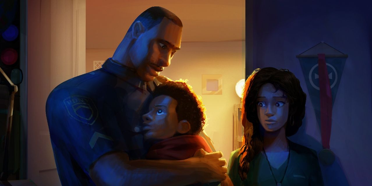 Miles Morales hugs his family in Into The Spider-Verse