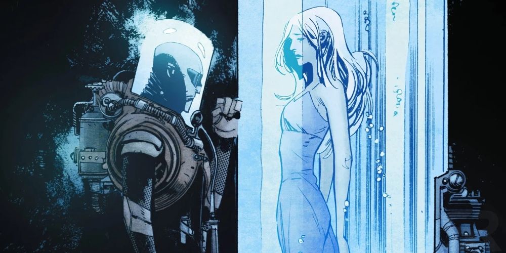Mr. Freeze sadly watching over a frozen Nora Fries in DC comics