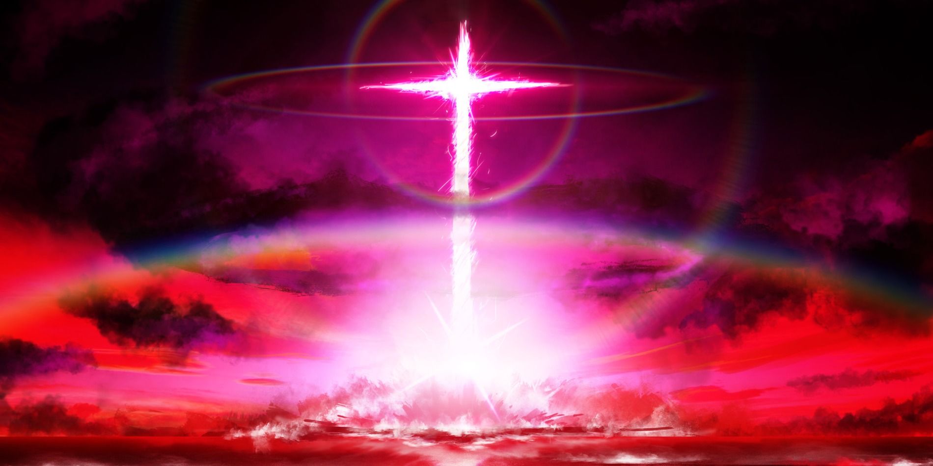 An explosion from Neon Genesis Evangelion that lights the sky up red and forms a cross in the sky. 