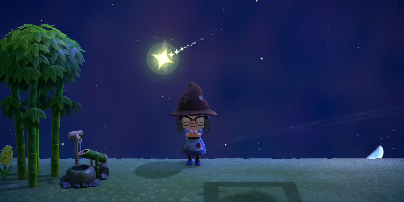 A player wishes on a shooting star in Animal Crossing: New Horizons