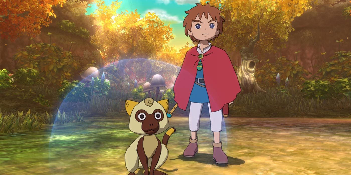 The protagonist of Ni no Kuni standing alongside a mystical creature.
