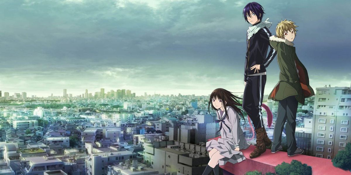 The main characters of Noragami stand on a rooftop overlooking a city in the anime's promo.