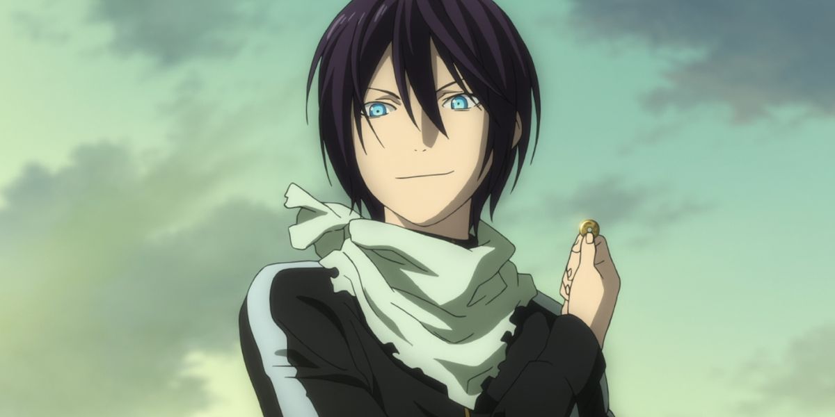A confident Yato holds a 5-yen coin in Noragami: Stray God