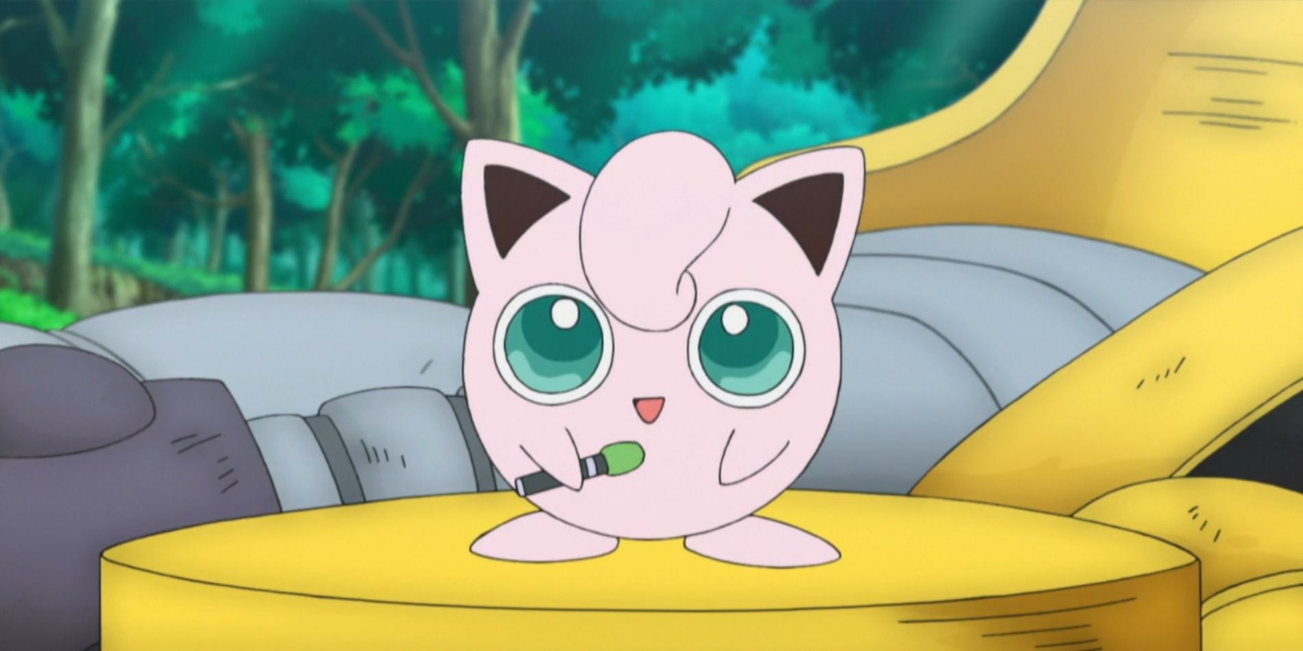 jigglypuff with a microphone ready to sing in the Pokemon anime