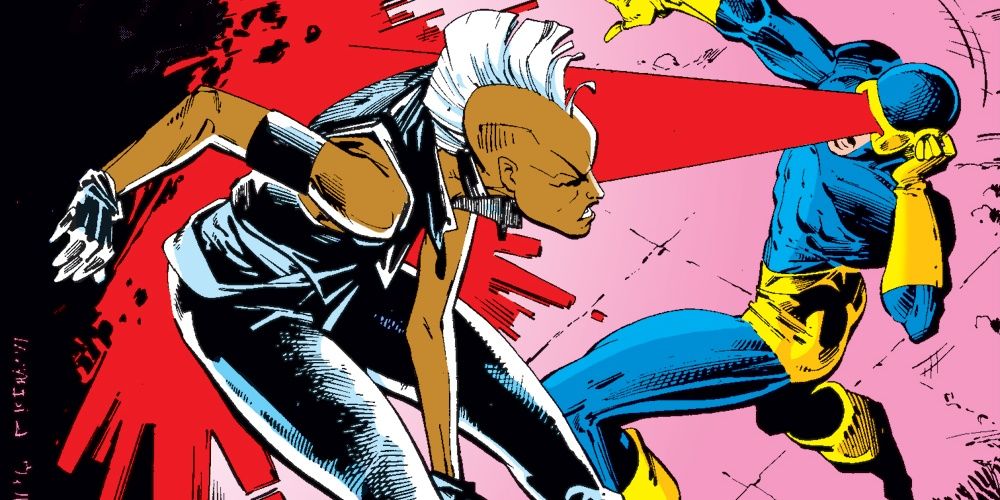 Marvel Comics' Storm in her punk rock costume, avoiding an optic blast from Cyclops