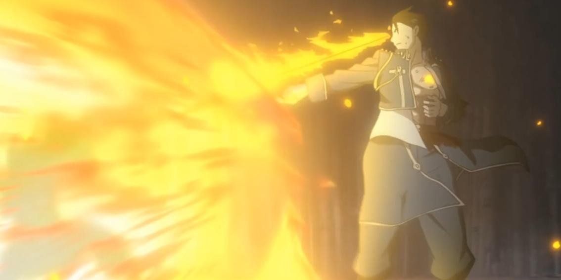 Roy Mustang unleashing fire and fury on Lust in Fullmetal Alchemist Brotherhood