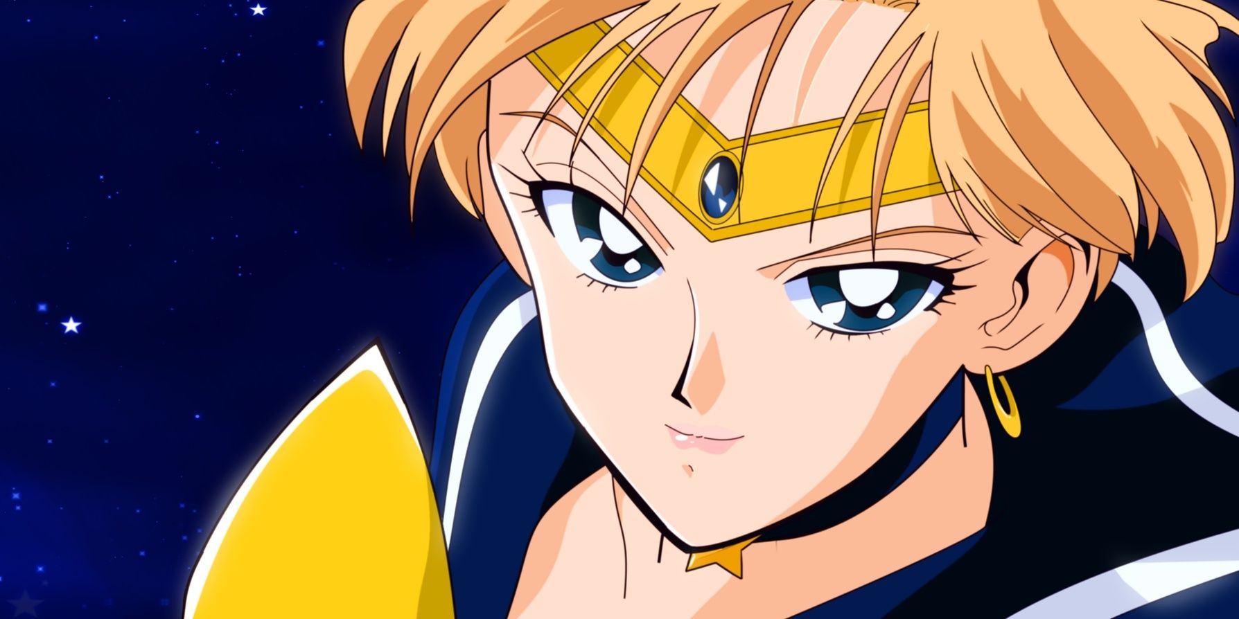 Sailor Uranus with a small smile on her face and a black background