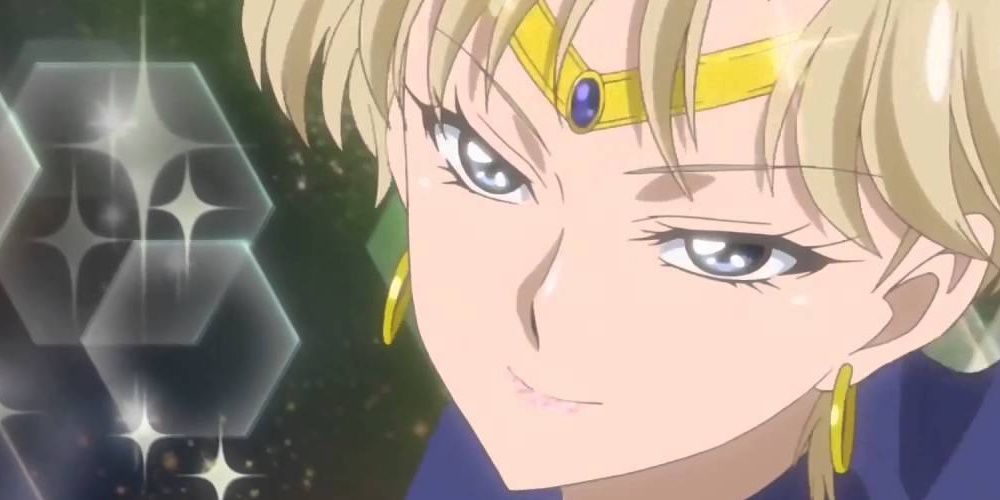 Sailor Uranus smiles with stars in the background