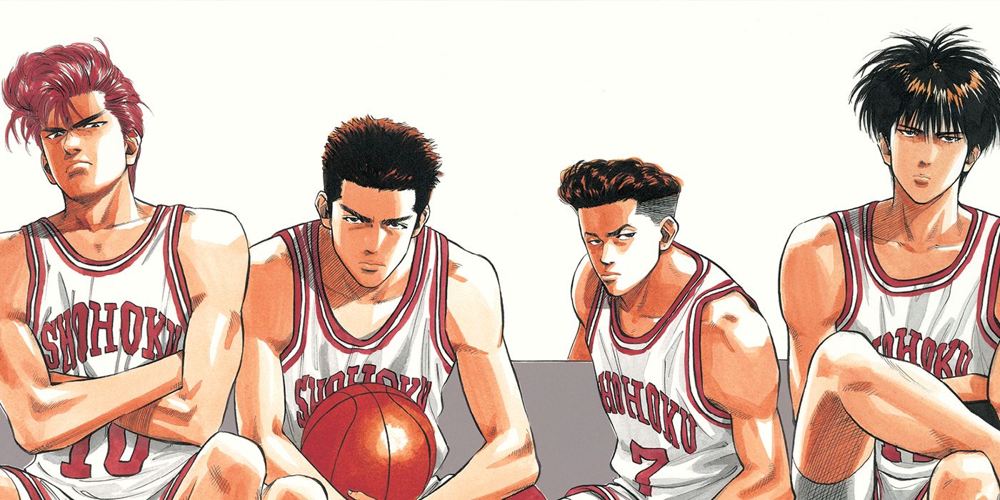 The main cast from Slam Dunk manga in uniform with one holding a basketball.