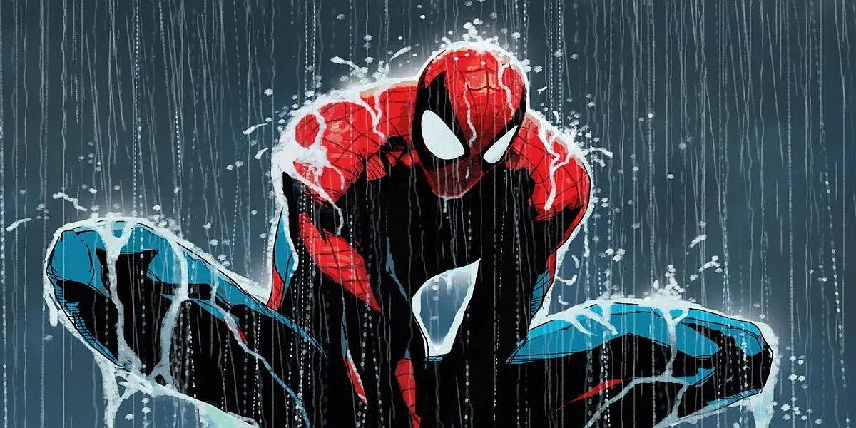 Marvel Comics' Spider-Man in the pouring rain, drawn by John Romita Jr