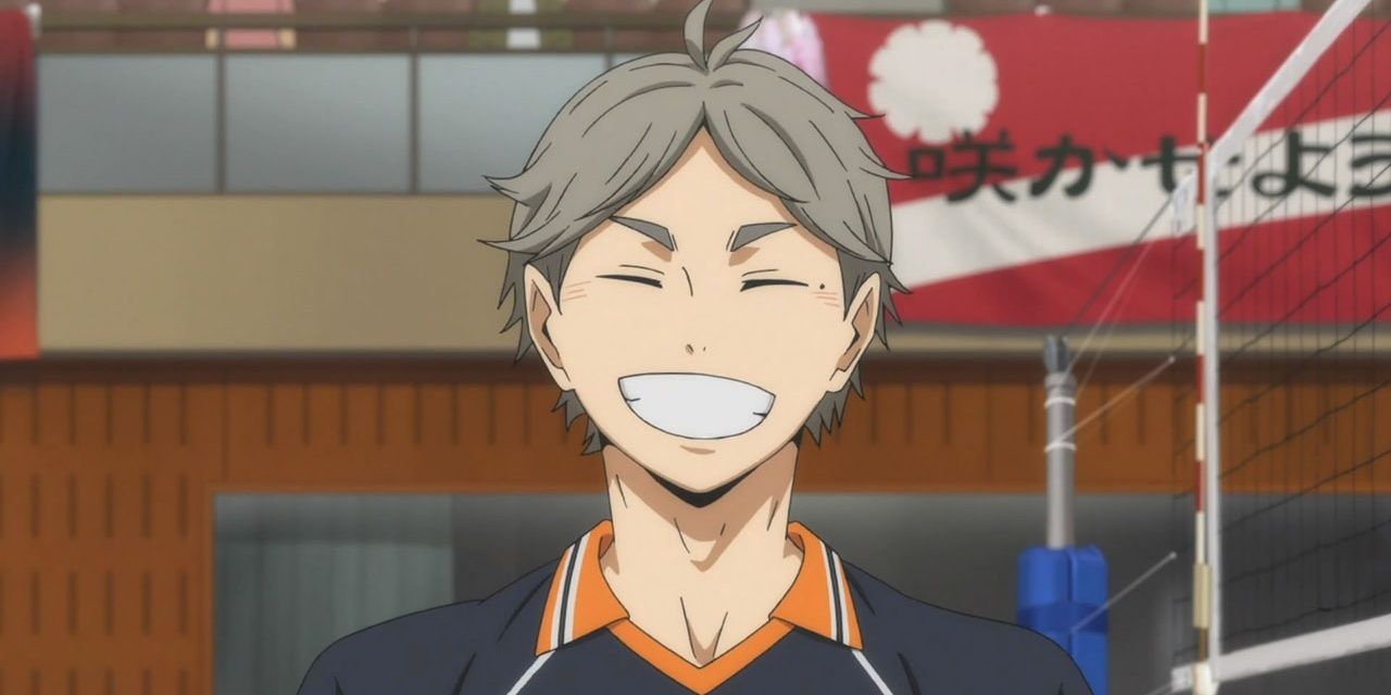 Sugawara from the Haikyuu! anime smiling with teeth on the court.