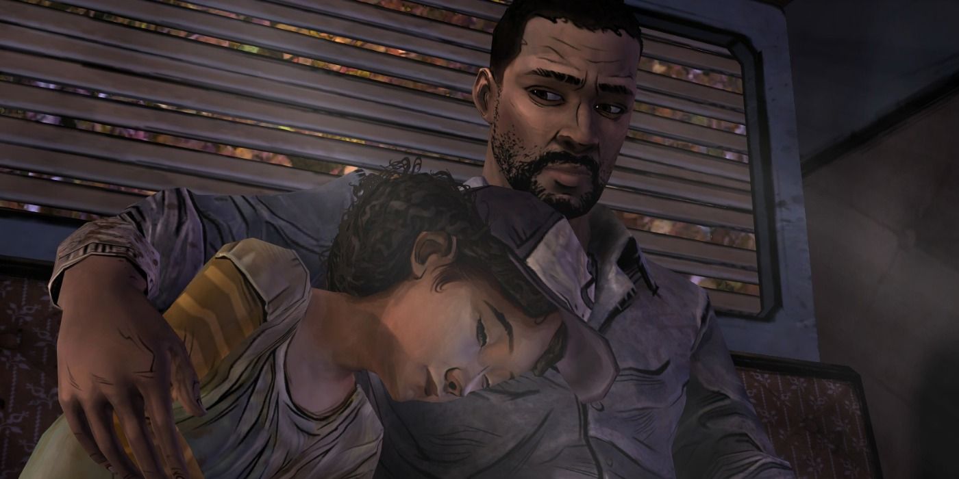 Lee comforting Clementine in Telltale Walking Dead game