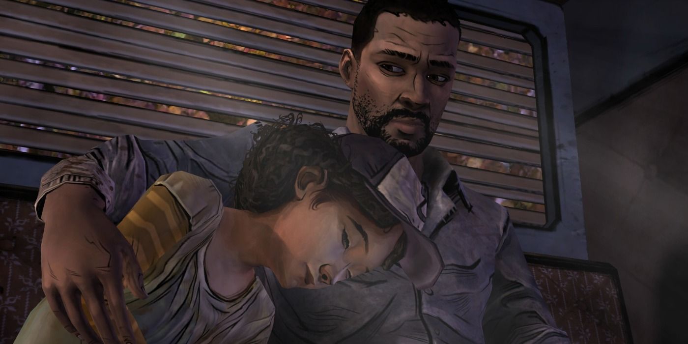 Lee comforting Clementine in the RV in Telltale's Walking Dead game