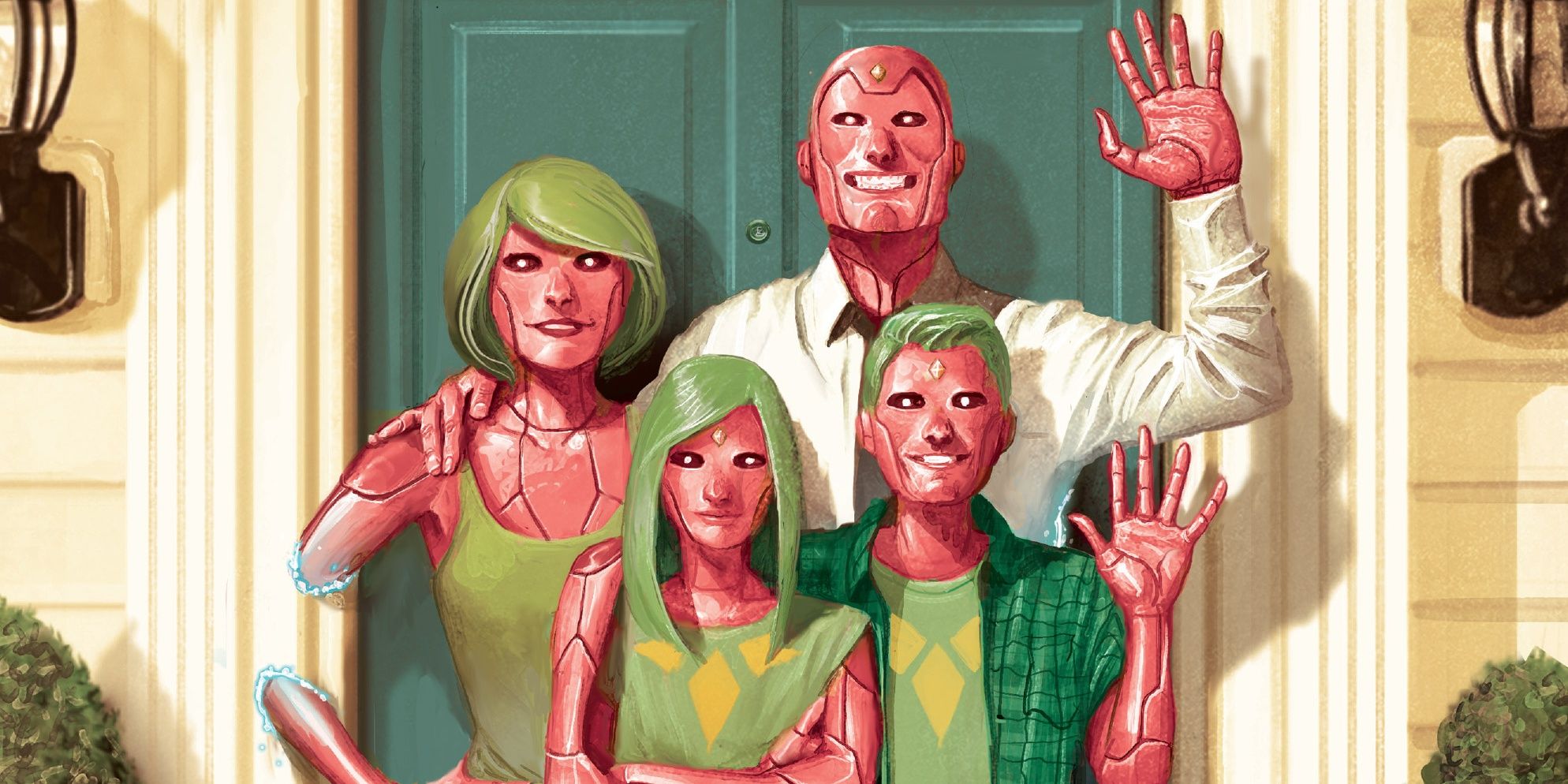 Vision and his kids, Viv, Vin, and wife Virginia in Marvel's The Vision (2016) comic.