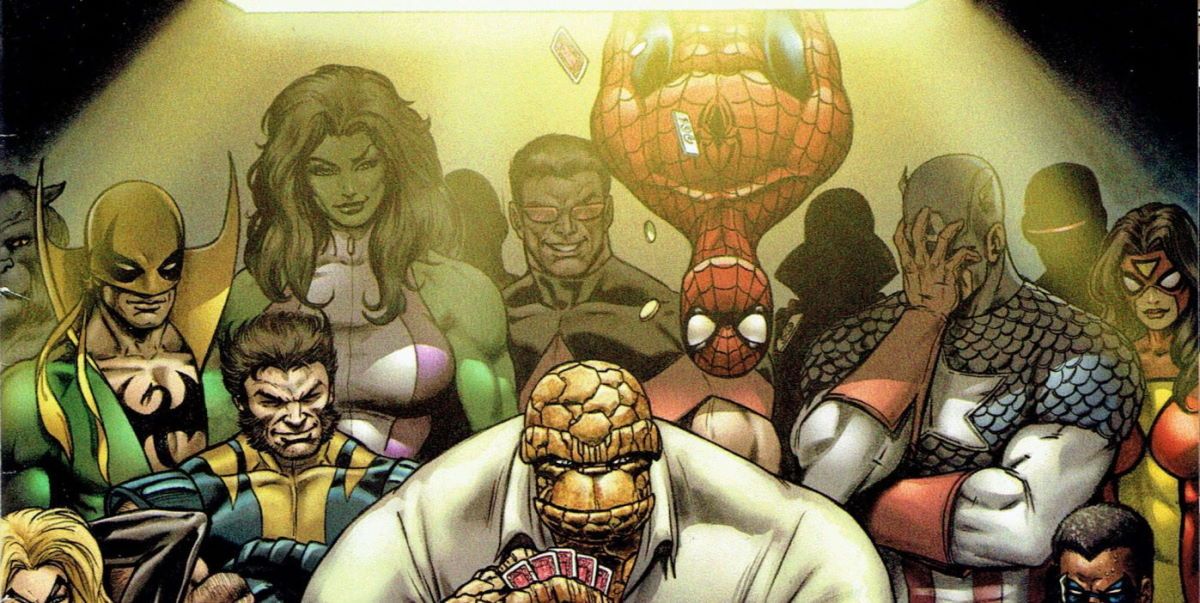 The Thing at a poker table, Avengers arrayed behind him, in Marvel Comics