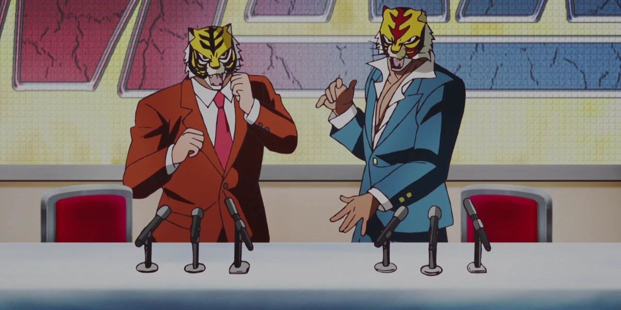 Commentators set up the wrestling match in Tiger Mask Anime