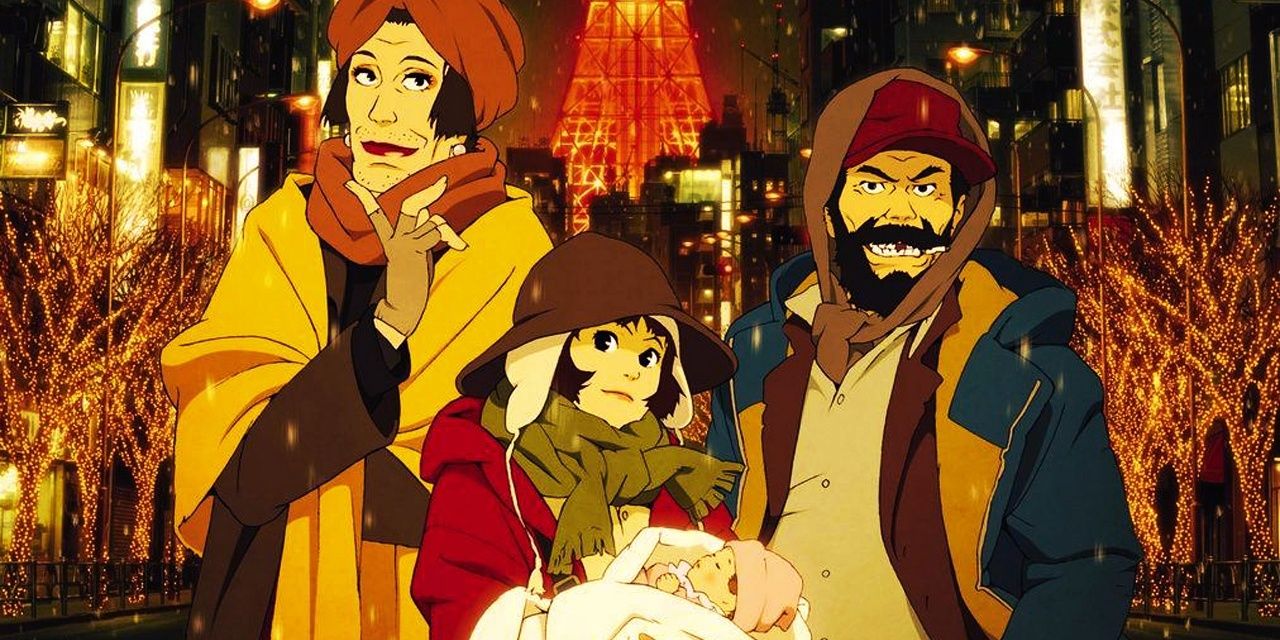 Anime Tokyo Godfathers characters posing together outside