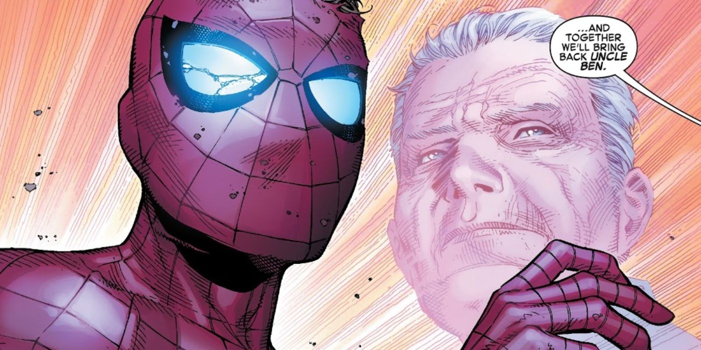 Ghost-like Uncle Ben and Spider-Man starting at something in Marvel Comics.