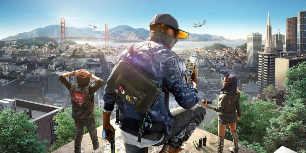 O elenco de Watch Dogs 2 olhando para São Francisco.