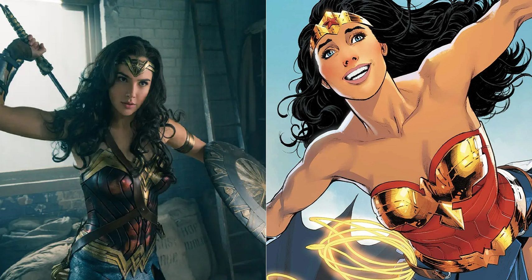 Split image of Wonder Woman in the DCEU movies and DC Comics
