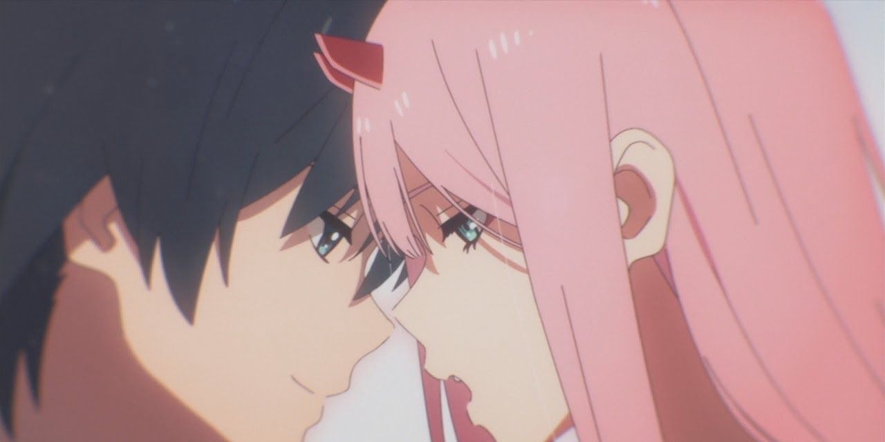 Zero Two And Hiro touching foreheads in Darling In The Franxx
