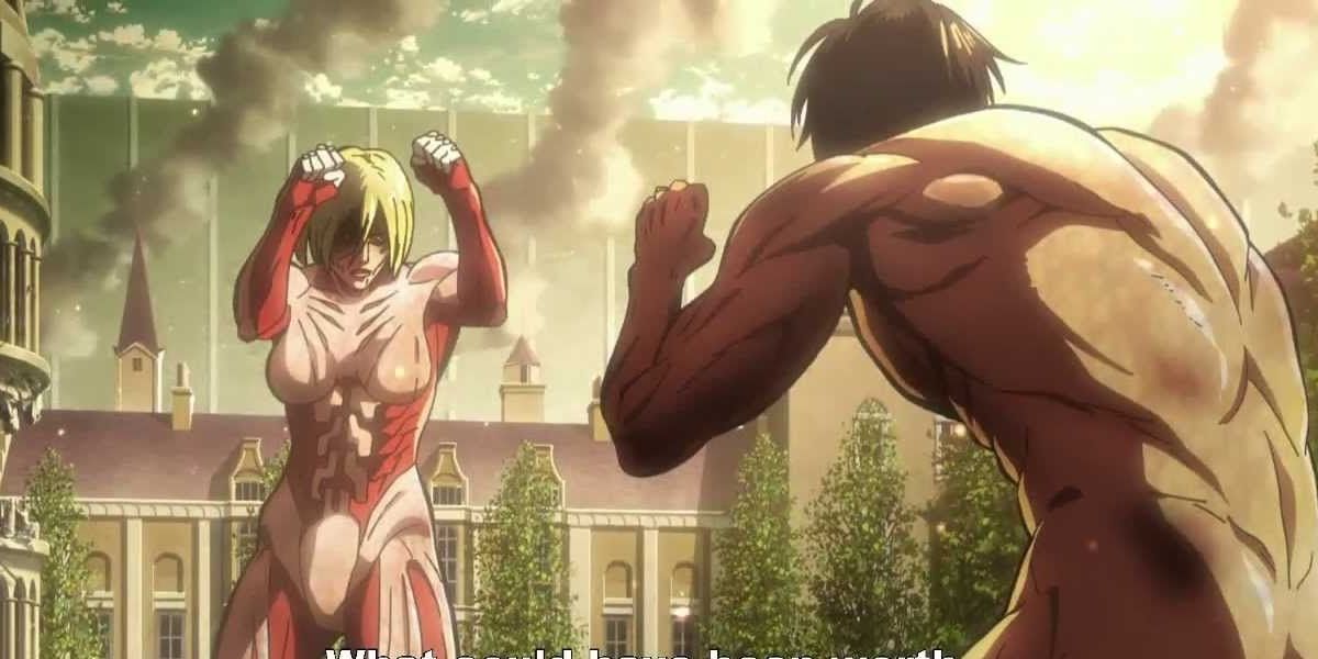 Annie and Eren fighting in their Titan forms in Stohess District- Attack On Titan.