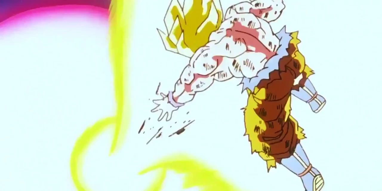 Super Saiyan Goku lança um Kamehameha em Frieza em Namek em Dragon Ball Z.