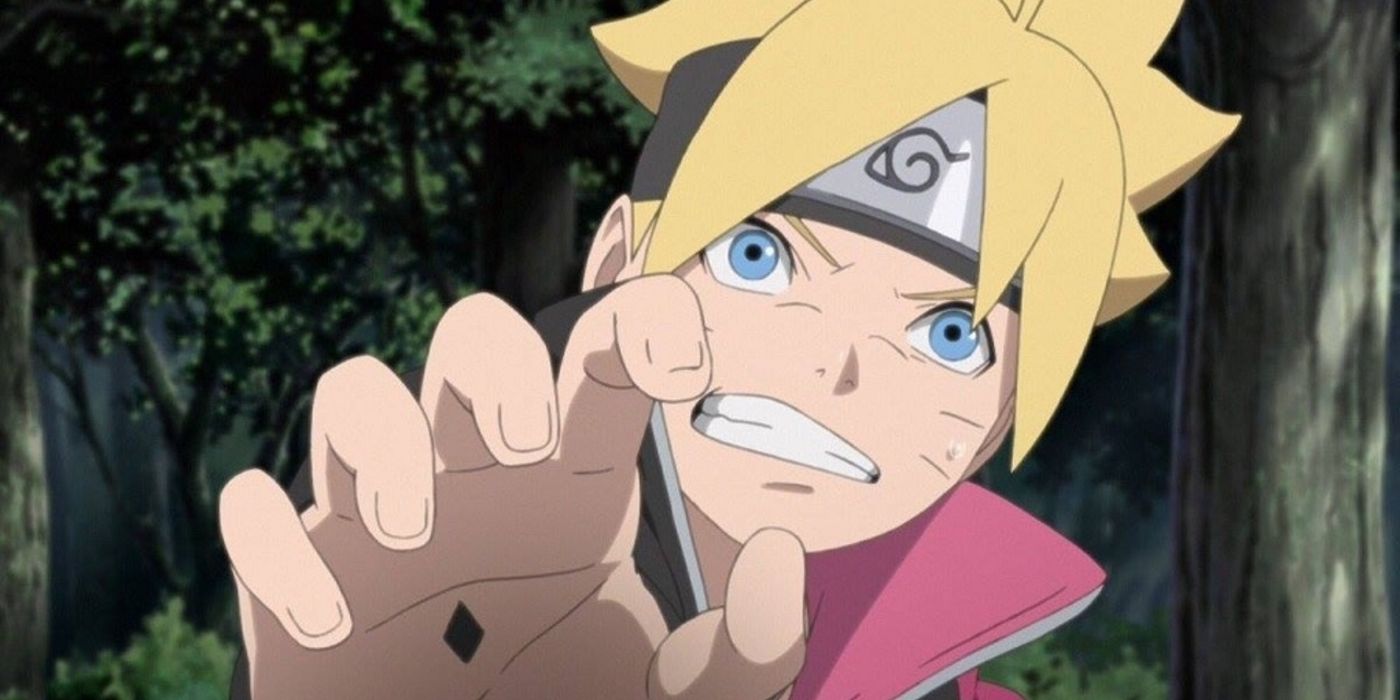 Boruto Uzumaki holding his hand out and smirking angrily