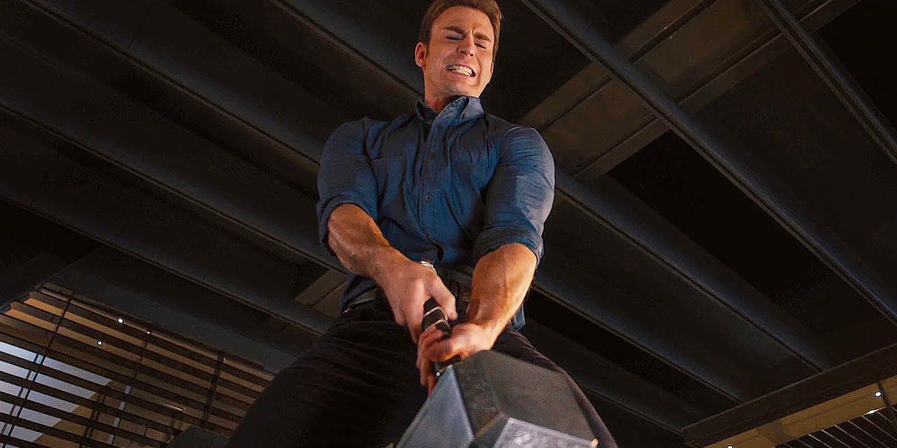 Steve Rogers attempting to lift Mjolnir in Age of Ultron