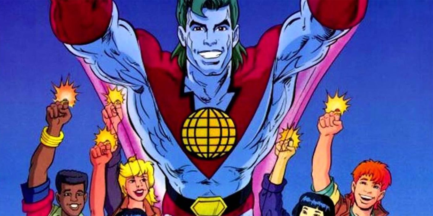 As Captain Planet flies into the air, the Planeteers each hold up their magic rings