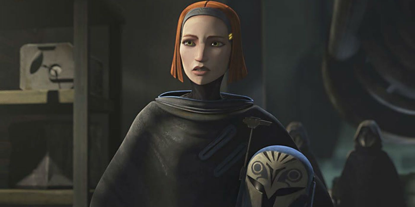 Bo-Katan Kryze holding her helmet during The Clone Wars.