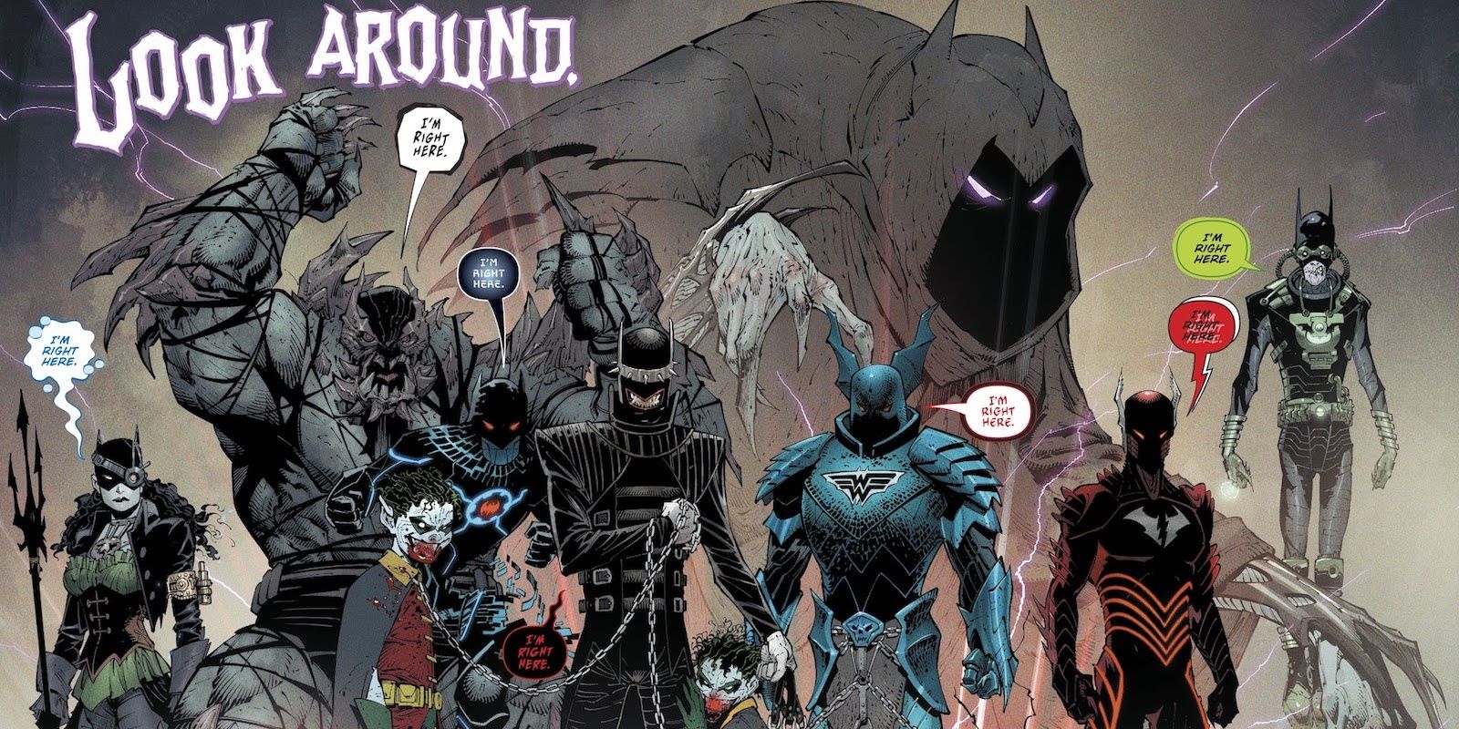 The seven Batmans in Dark Nights Metal ready to fight