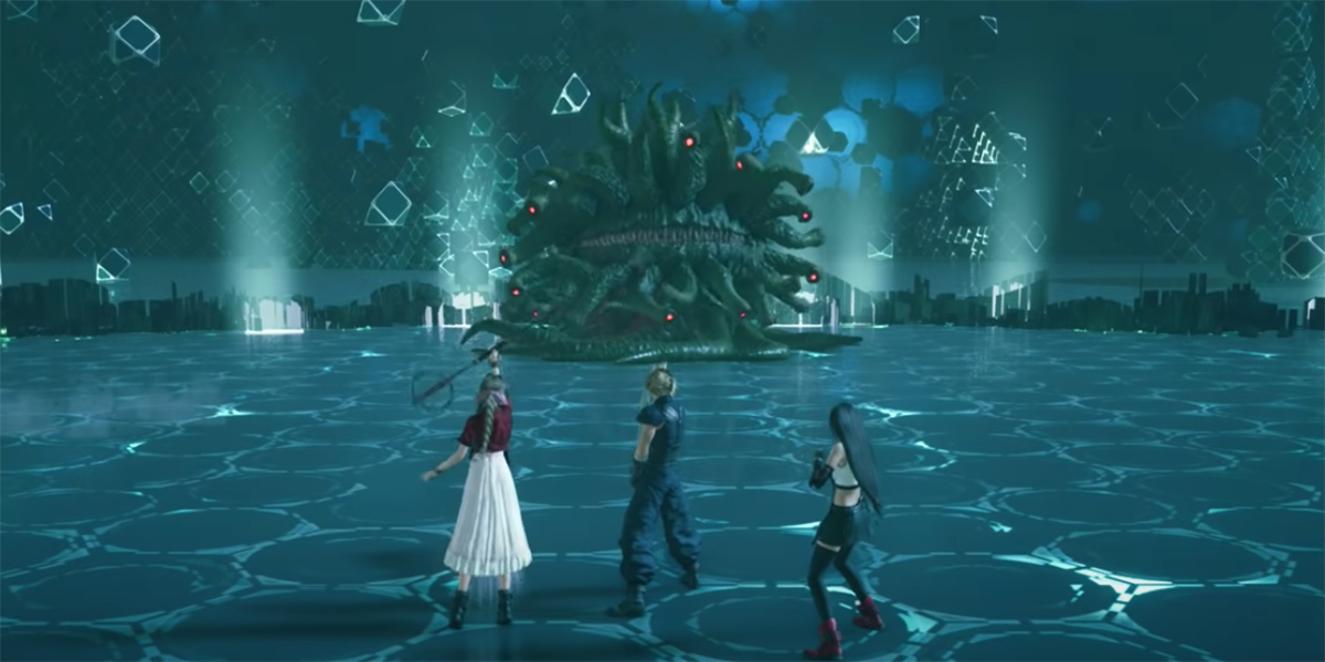 Aerith, Cloud, and Tifa face off against Malboro in a VR mission