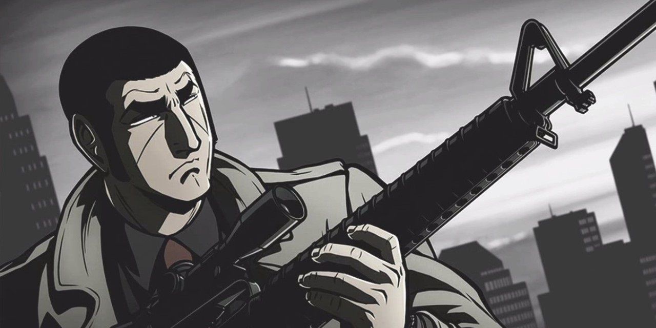The protagonist of Golgo 13 holding a large gun