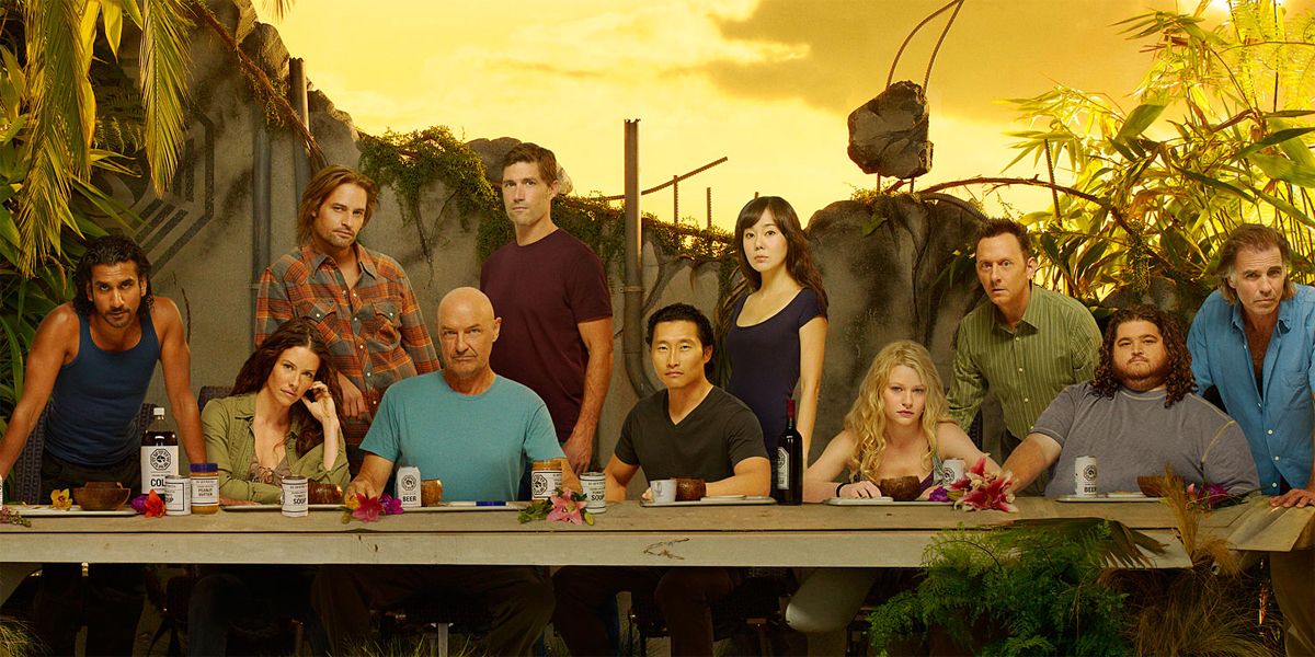 A promo image for Lost shows the principal cast gathered around a table