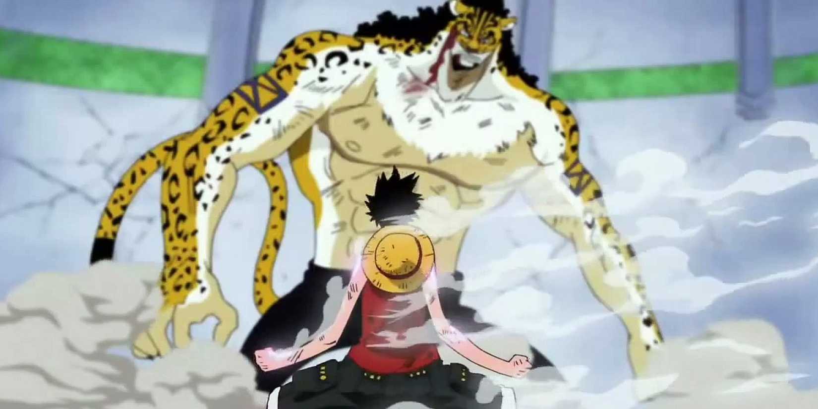 An anime-style illustration showing a tense confrontation. A smaller character with spiky black hair and a straw hat, reminiscent of Monkey D. Luffy from One Piece, is facing a much larger, muscular humanoid character with jaguar-like markings and features. The larger character looms over the smaller one, creating a sense of impending action. Dust or smoke surrounds the base of the characters, adding to the dramatic effect.