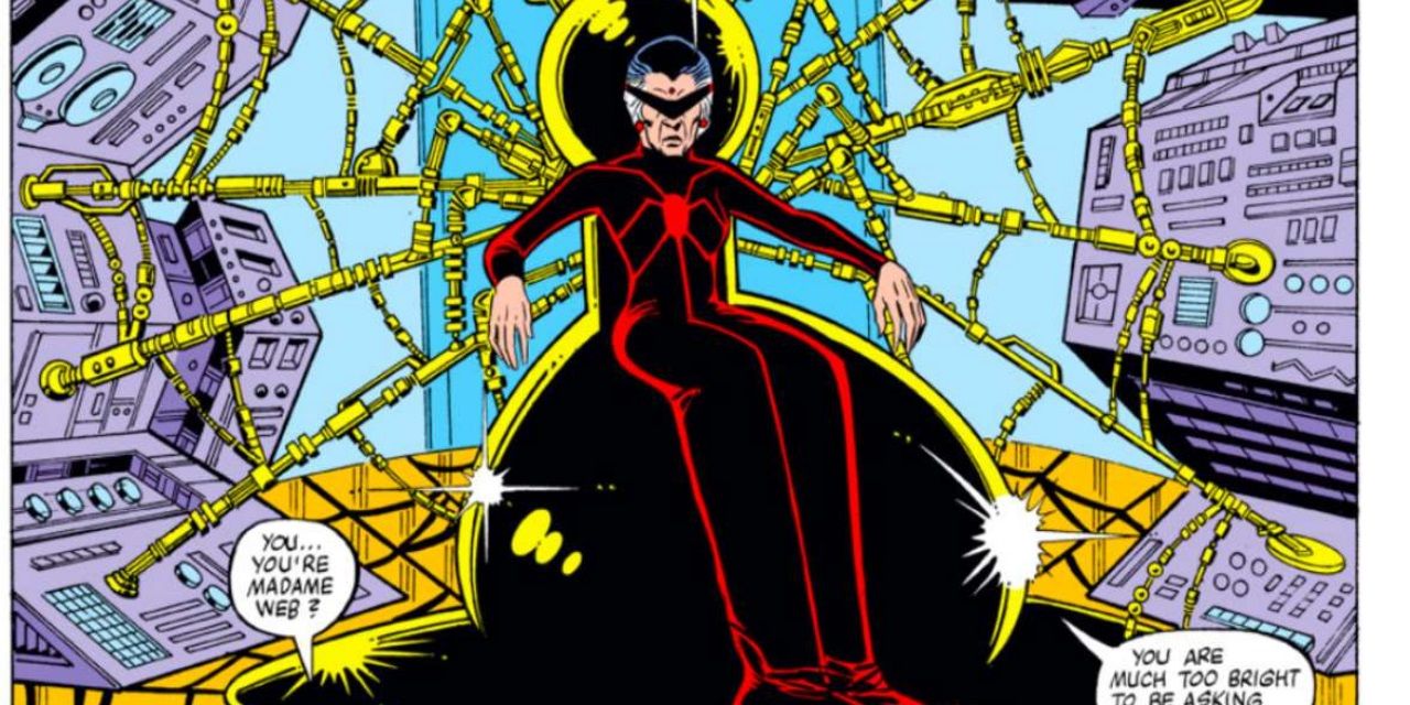 Cassandra Webb como Madame Web nos quadrinhos sentada em cadeira suspensa por teias