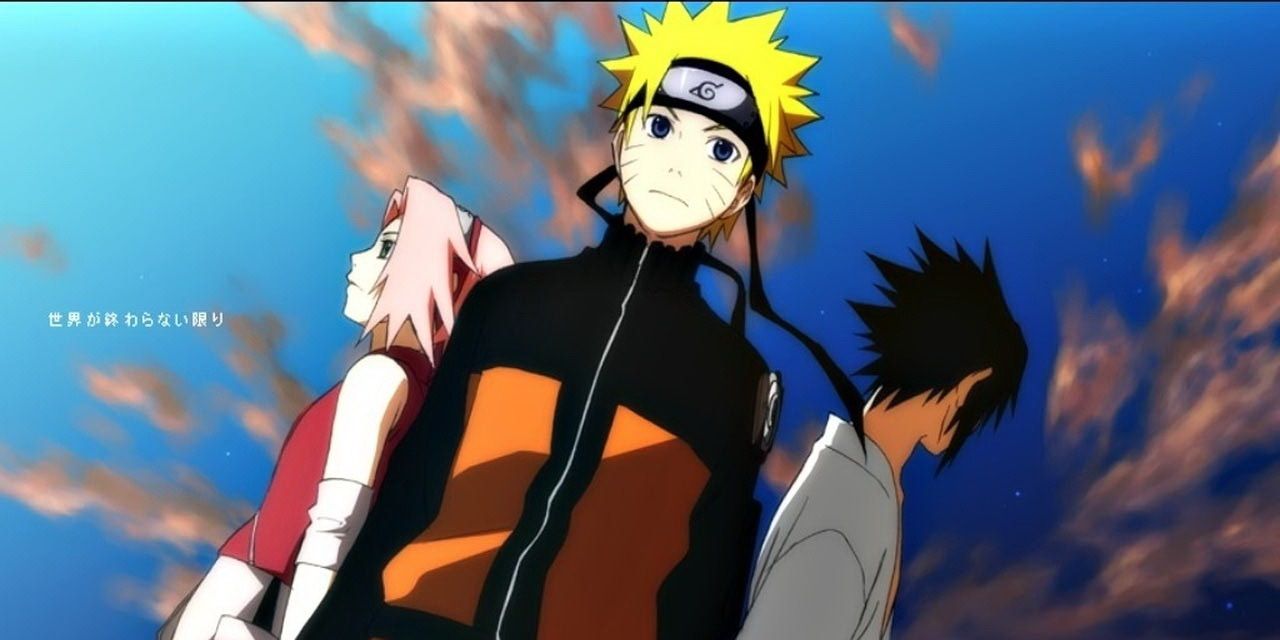 Team 7, featuring Naruto, Sakura and Sasuke standing back to back