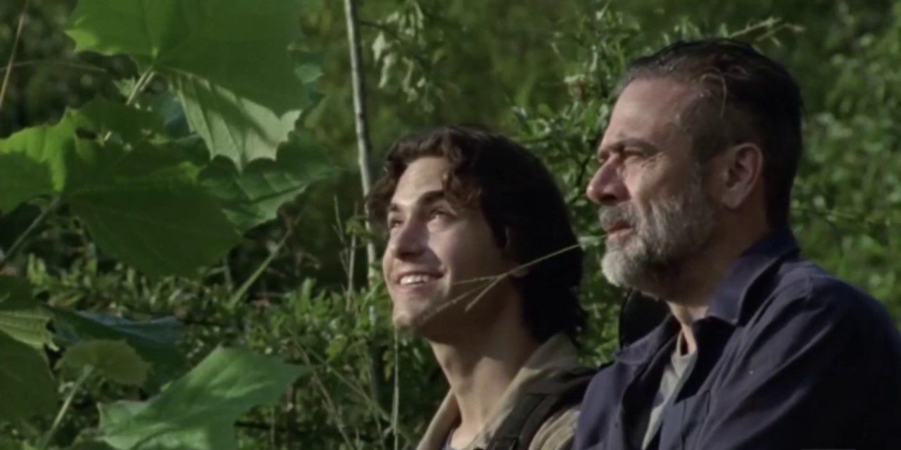 Negan (Jeffrey Dean Morgan) and Brandon in the woods on The Walking Dead
