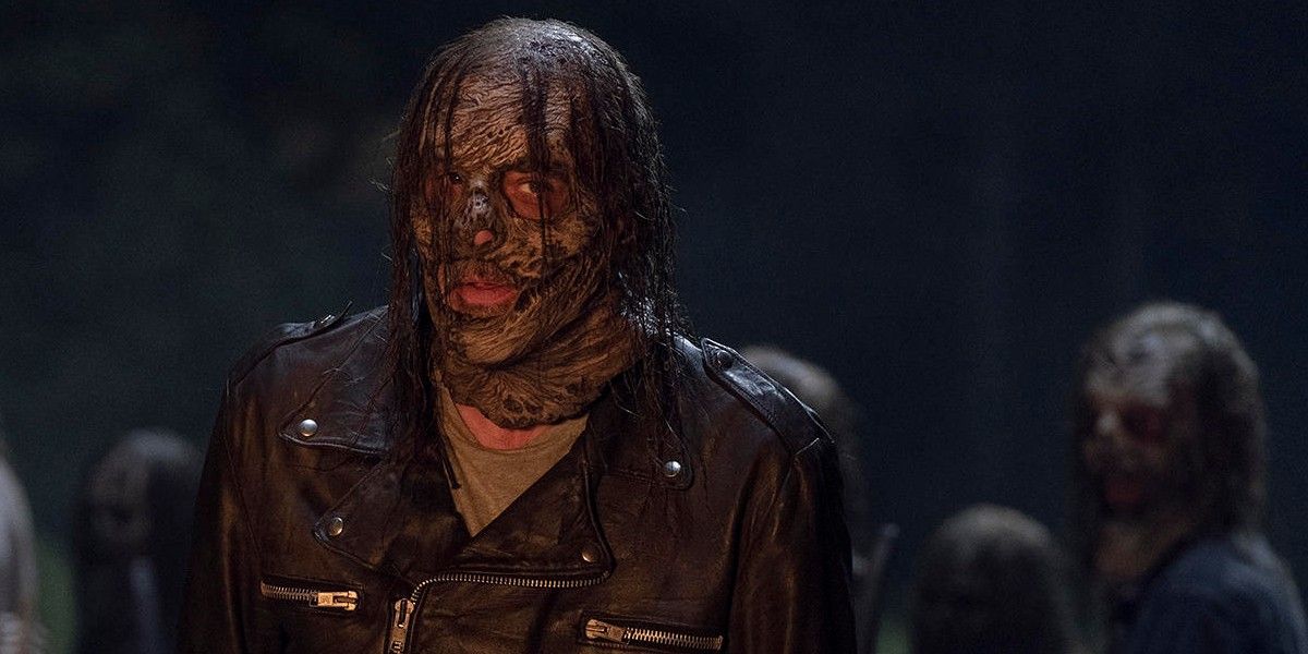 Negan (Jeffrey Dean Morgan) wearing a Whisperer mask in The Walking Dead