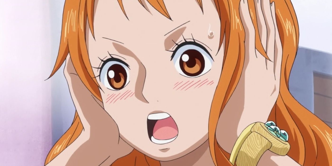 One Piece's Nami in shock with her hands on the sides of her face