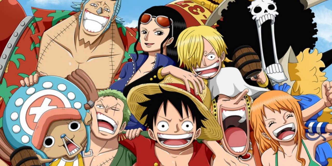 One Piece's Straw Hat pirates grinning and making silly faces with Luffy front and center.